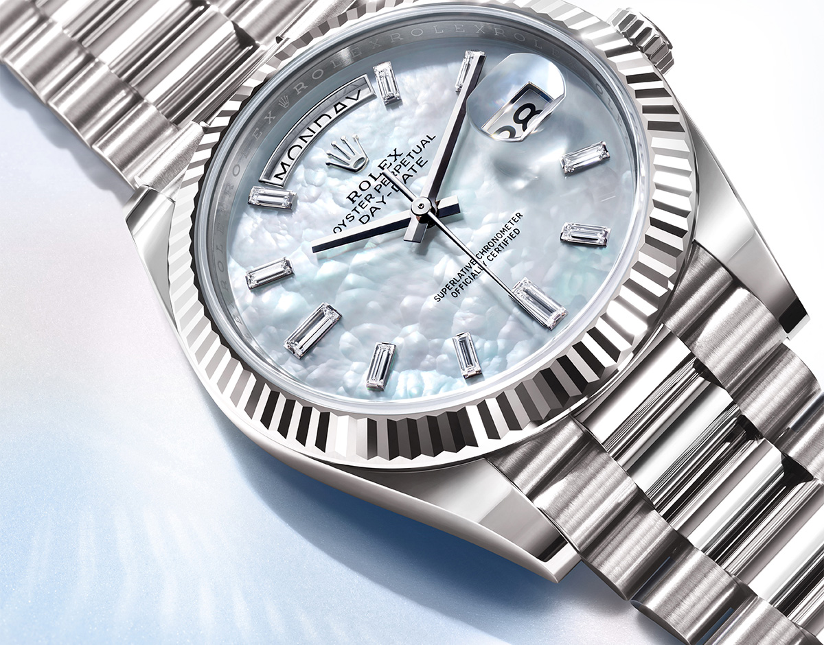 Rolex New Watches 2024 Day Date Pearlized White Mother Of Pearl Rolex Watches in Grand Rapids MI | Paul Medawar Fine Jewelry Rolex New Watches 2024 Day Date Pearlized White Mother Of Pearl