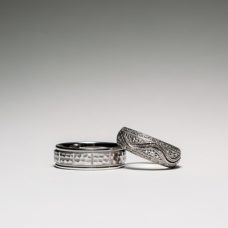 Rings Two Wedding Bands Medawar White Gold Womens Diamond Wave Design And Mens Hammered Finish Grand Rapids Jewelry Store - Rings Two Wedding Bands Medawar White Gold Womens Diamond Wave Design And Mens Hammered Finish